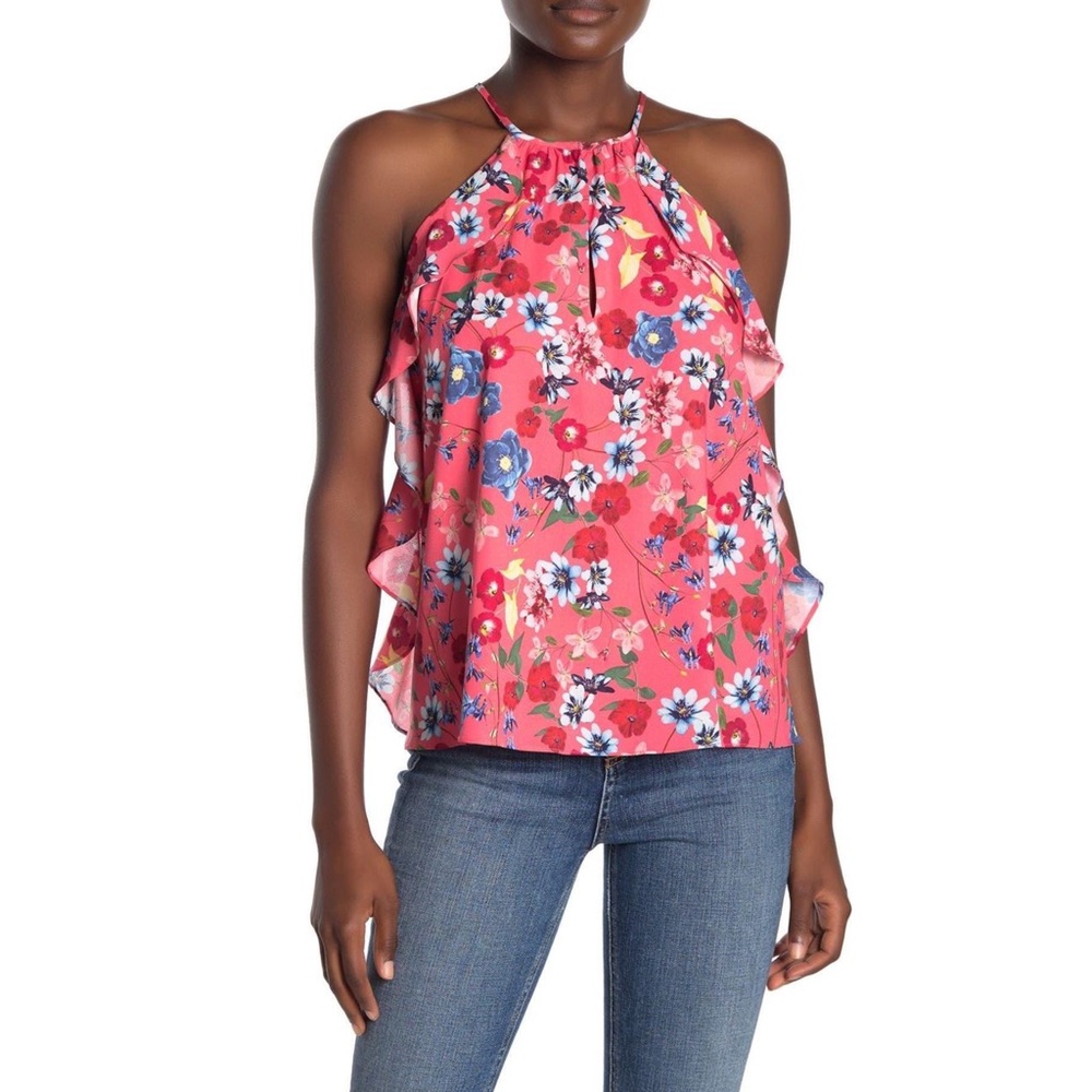 Parker Pink Floral Print Keyhole Ruffle Tank Top Size Small